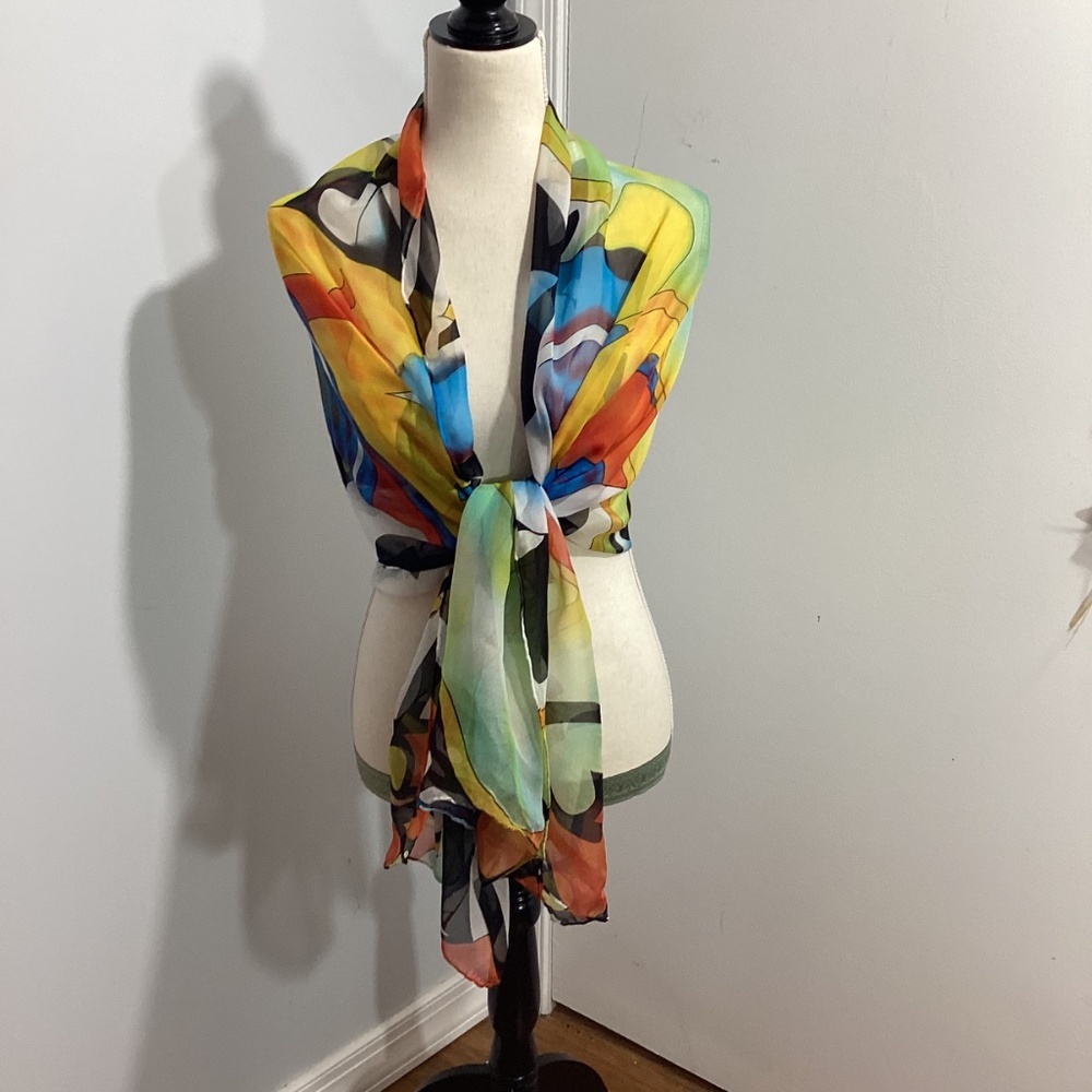VINTAGE WOMAN ART DECO 100% SILK SCARF CHIFFON WEIGHTLESS WRAP 150"x35" - Picture 7 of 8